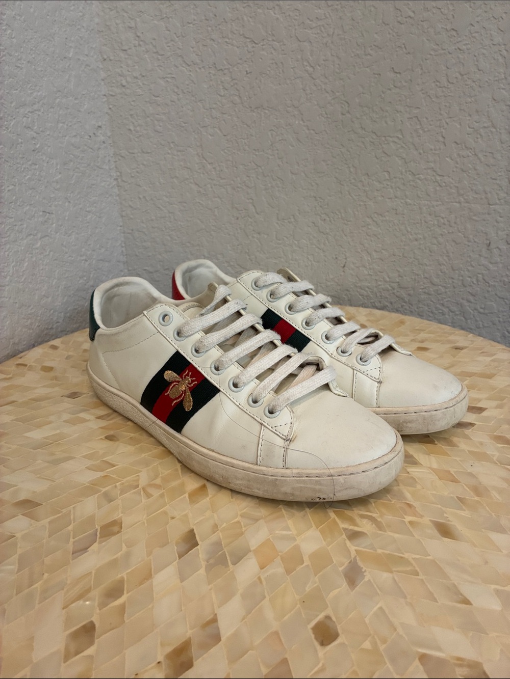 Gucci White Leather Sneakers with Red & Green Stripe and Bee Patch